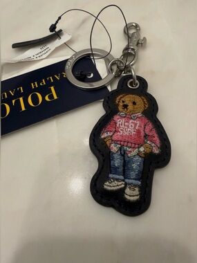 NEW Polo Ralph Lauren RL-67 SURF BEAR - LEATHER Key Ring Keychain - NAVY BLUE
